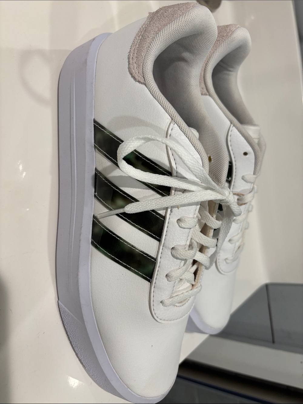 Adidas court platform White Sneakers with greenish Stripe Accents